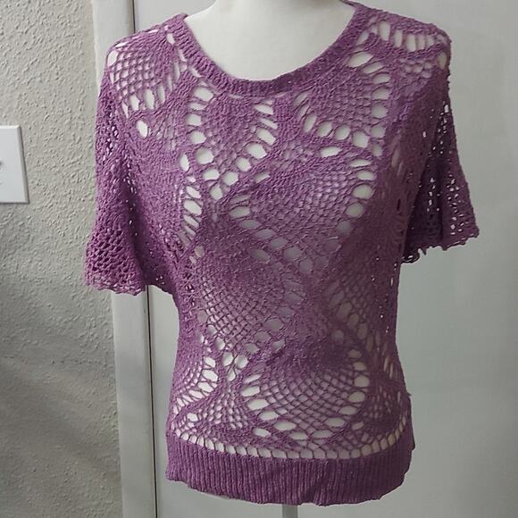 Arden B. Purple Crew Neck Crochet Top Size L Silk Mix - Picture 1 of 7